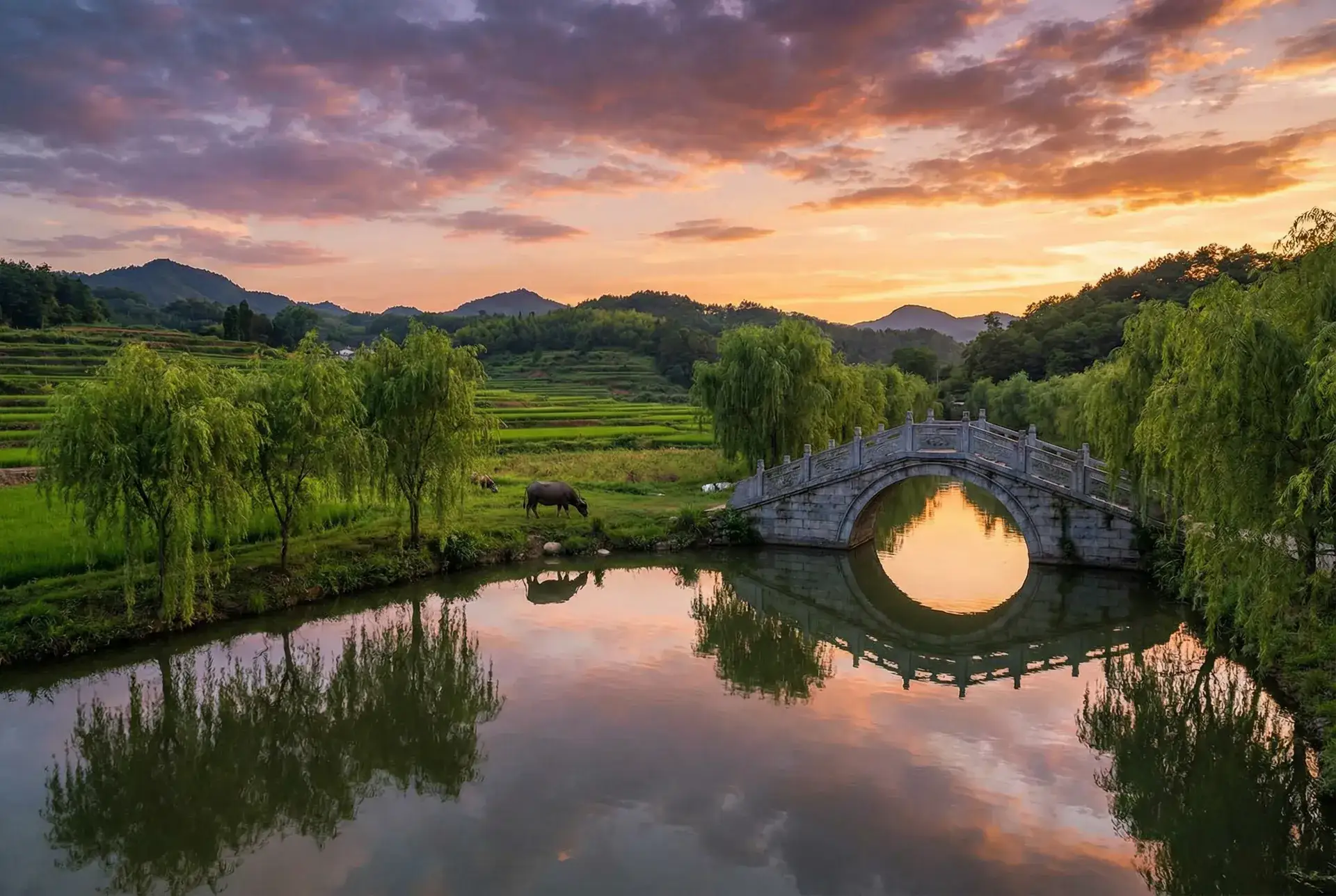 夕阳下的石拱桥与垂柳，水牛在河边吃草 - 非分熟女 未删减 乡村美景